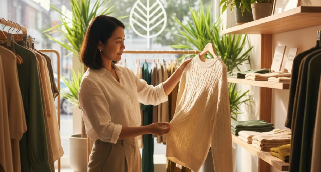Gestora de loja de moda analisando peça de roupa no ponto de venda para avaliação de giro de estoque