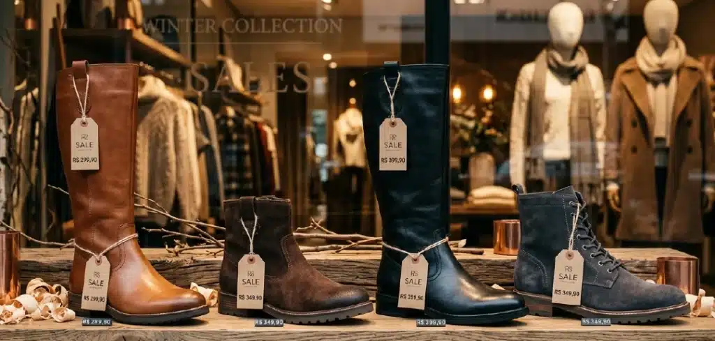 botas em liquidação na vitrine de loja de calçados com etiquetas de preço